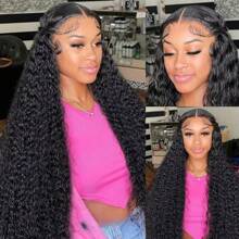 250% High Density 30 Inches Natural Black Synthetic Hair Wigs Kinky Curly Synthetic Lace Front Wig For Women Natural Color Wigs Pre Plucked Glueless Wig With Natural Hairline Deep Curly 13*3 HD Transparent Lace Front Wigs With Baby Hair Synthetic Hair Wigs For Daily Wear Party Halloween Heat Resistant Fibre Wig - Black - View 2