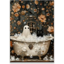 Framed Generic Vintage Halloween Posters, Funny Bathroom Canvas Wall Art,Ghost And Black Cat In Bathtub Prints,Aesthetic Halloween Pictures Wall Decor For Bedroom - 裱框 - 查看 1