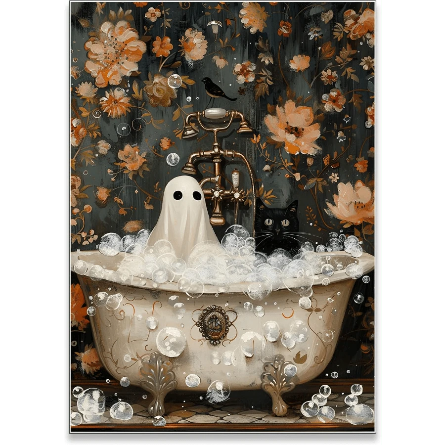 Framed Generic Vintage Halloween Posters, Funny Bathroom Canvas Wall Art,Ghost And Black Cat In Bathtub Prints,Aesthetic Halloween Pictures Wall Decor For Bedroom - 裱框 - 查看 1