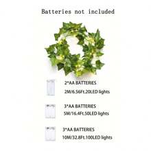 1pc 2M/5M/10MGreen Leaf Vine Decorative String Lights, Battery Powered, Hanging Vine, For Bedroom, Party, Wedding, Christmas, Thanksgiving, Four Seasons Decoration, Home, Fireplace, Stairs, Handrails, Balcony, Corridor, Curtain Decoration(Purchase Multiple Items To Achieve The Main Image Effect)