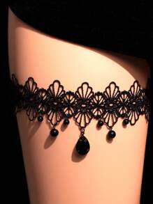1pc Elegant Black Lace Pattern Fringe Thigh Chain Body Jewelry For Women