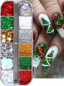 FULL BEAUTY 12 Lưới Bông Tuyết Mùa Đông Kim Sa Lấp Lánh Móng Tay Hỗn Hợp Đỏ Xanh Lá Vàng Trắng Sao Lấp Lánh Bột Gương Nghệ Thuật Làm Móng Sắc Tố Trang Trí Làm Móng - Nhiều màu - Xem 18