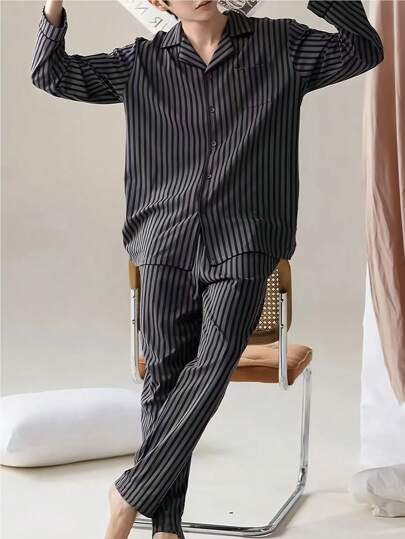 2pcs Men Plus Size Striped Long Sleeve Sleepwear Set, High Quality Casual Home Outfit For Spring And Autumn, Fall Clothes