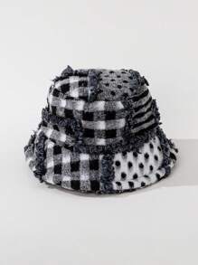 1pc Unisex Black & White Geometric Pattern Fleece Bucket Hat, Suitable For Autumn/Winter Warmth, Casual Wear, Travel