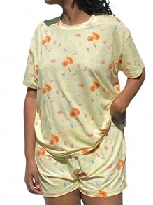 Conjunto de pijama de 2 piezas para mujer con parte superior de manga corta y pantalones cortos con estampado floral/de frutas - Amarillo - Ver 7