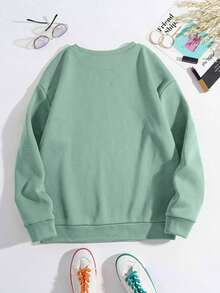 sweat-shirt à capuche décontracté pour femme, manches longues, col rond, avec imprimé d'arbre de Noël multicouche contrasté, slogan et étoiles scintillantes - Vert menthe - Voir 2
