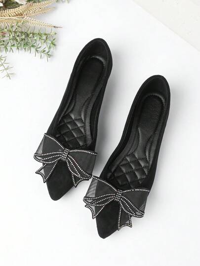 Neue schwarze Wildleder Flache mit niedriger, spitz zulaufend, vielseitig, weiche Sohle, modischer Strass-Schleife, Große Größen Extra Große Damenschuhe, geeignet für alle Jahreszeiten, Arbeitswege, Valentinstag