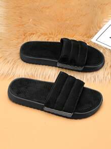Men's Plush Warm Slippers, Black Fuzzy House Slides, Anti-Slip Thong Sandals, Plus Size - Black - View 3