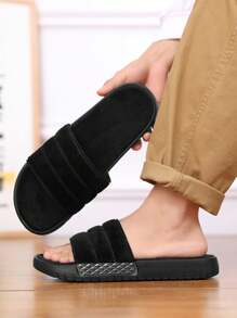 Men's Plush Warm Slippers, Black Fuzzy House Slides, Anti-Slip Thong Sandals, Plus Size - Black - View 4