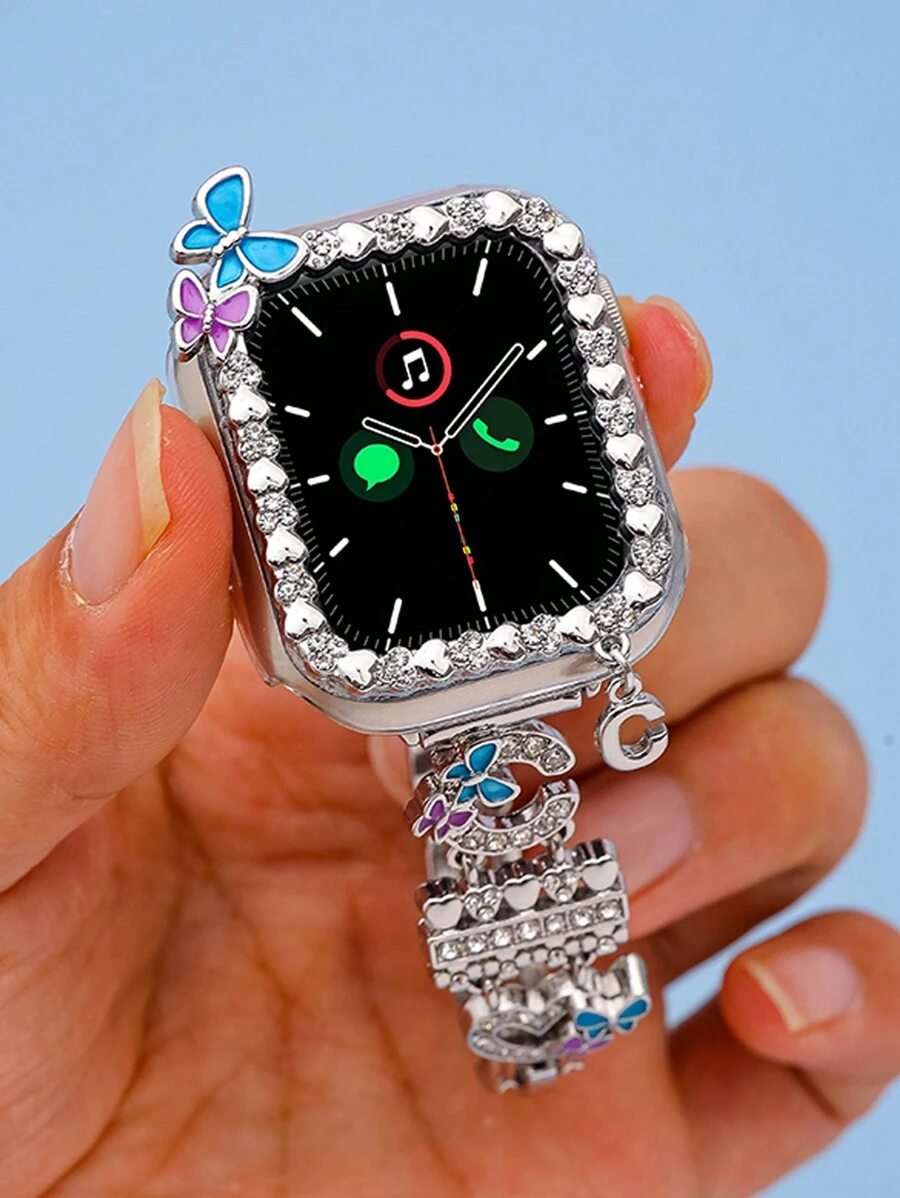 1 套 26 件可定制创意蝴蝶图案 Apple Watch 表壳，带闪光宝石装饰和 1 条锌合金 26 字母可调节 Apple Watch 表带，兼容所有 Apple Watch 系列 - 彩色 - 查看 1