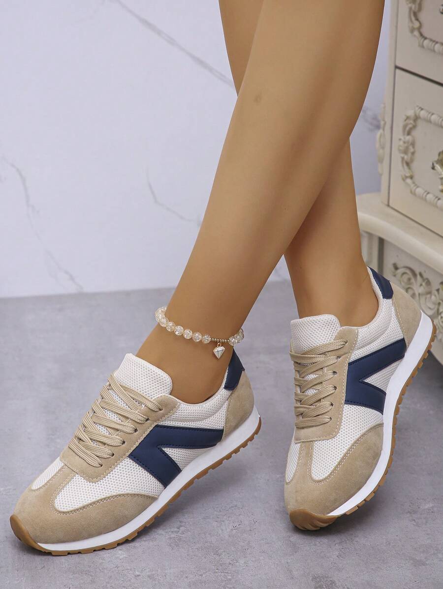 时尚女士派对休闲米色网眼运动鞋，轻便舒适的女士跑步鞋 - 米色 - 查看 1