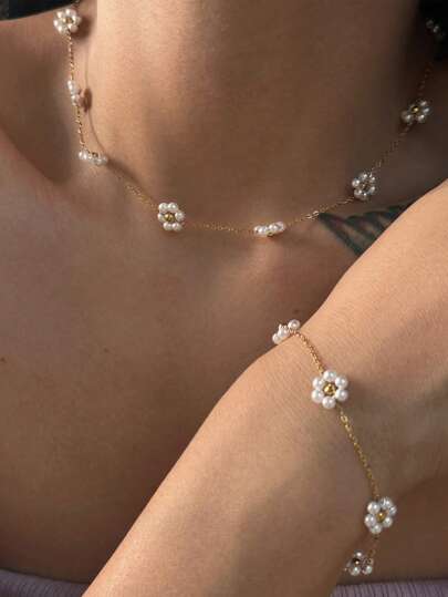 珍珠花项链 时尚钛钢腰链脚链套装 镀金护色