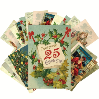 12pcs Vintage Christmas Greeting Cards, Antique Christmas Angels, Santa Claus Postcards Set, Note Cards Gift For Friends, With Reindeer, Christmas Tree