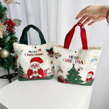 Christmas Canvas Tote Bags Cute Santa/Tree Pattern Reusable Goody Bags With Handle - Red - View 5