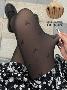 1pc 200g Black Opaque Tight Fitted Tights With Heart, Bow & Butterfly Prints, For Women, Stretchy, Suitable For 15-25°C Weather, Spring & Autumn, Versatile For Indoor & Outdoor Wear