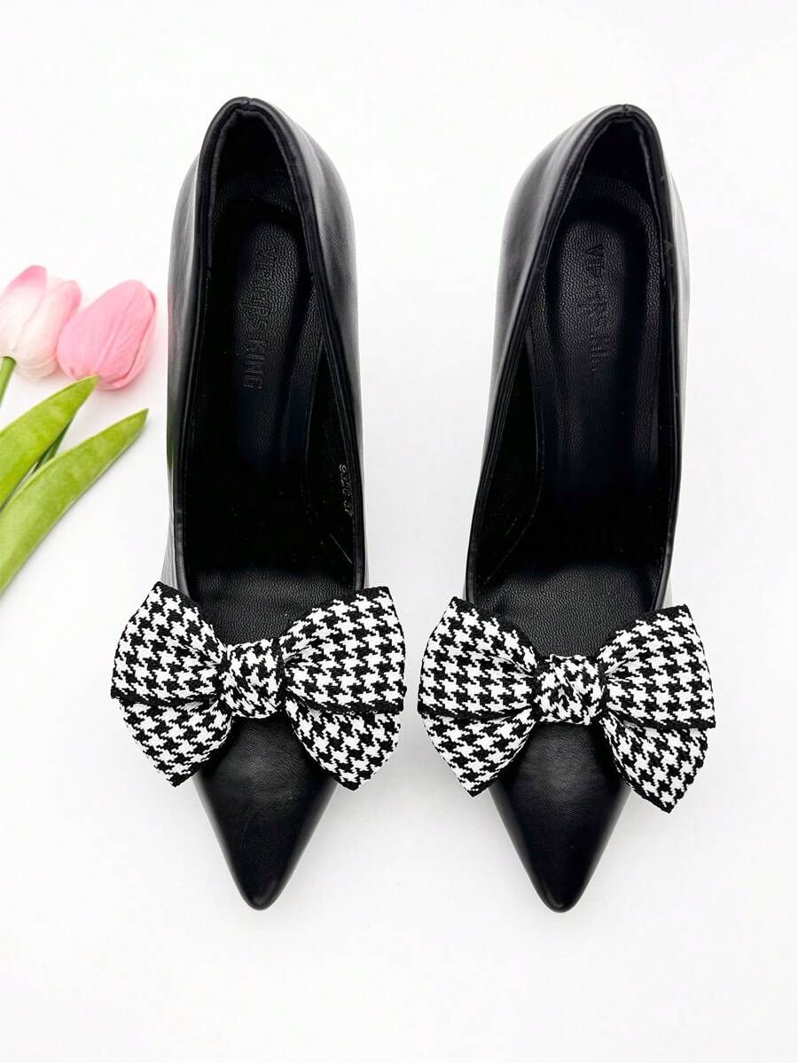 1 Pair Removable Fashion Houndstooth Patchwork Bow Shoe Buckle Clip Decorations