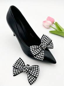 1 Pair Removable Fashion Houndstooth Patchwork Bow Shoe Buckle Clip Decorations