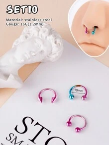 Morlyda 3Pcs/Set Cool Colorful Nose Ring Horseshoe Nose Hoops Earring 16g Stainless Steel Septum Jewelry Nose Ring Lip Ring Hinged Septum Hoops Piercing Jewelry, Septum Clicker Ring, Hoop Nose Ring For Septum, Helix, Rook, Tragus, Daith, Cartilage Earring For Women Men Halloween Piercing Body Jewelry For Party Dates Daily Wear