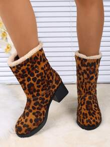 Giày bốt ngắn đế dày cho nữ thời trang mới, mũi vuông nhung, họa tiết da báo, lót nhiệt, giày bốt cổ ngắn đa năng, thích hợp cho tuyết và mùa đông - họa tiết da báo màu nâu - Xem 2