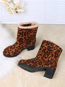 Giày bốt ngắn đế dày cho nữ thời trang mới, mũi vuông nhung, họa tiết da báo, lót nhiệt, giày bốt cổ ngắn đa năng, thích hợp cho tuyết và mùa đông - họa tiết da báo màu nâu - Xem 7