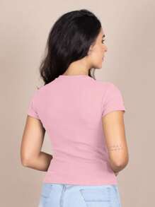 Women's Ribbed Blouse Basic Casual T-Shirt Round Neck Short Sleeve Premium - Baby Pink - View 2