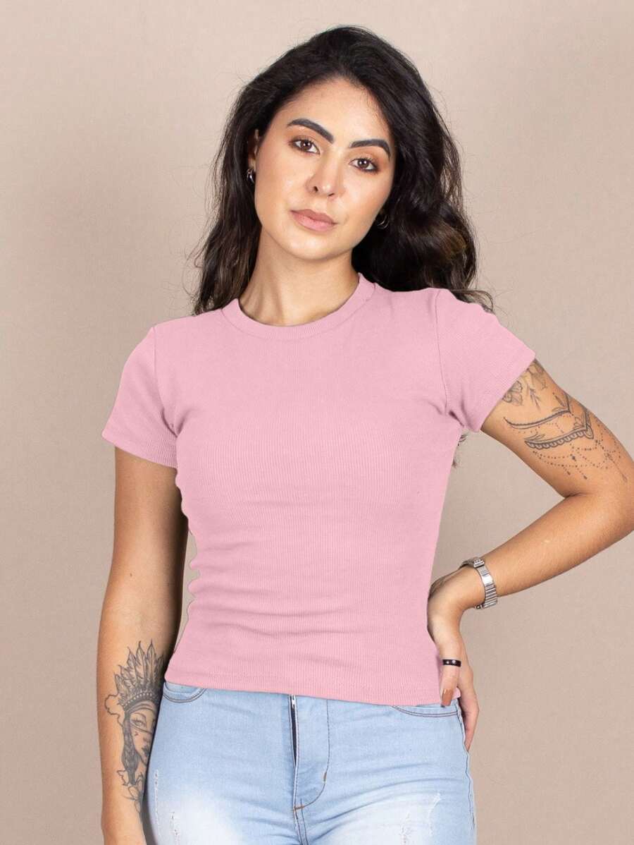Women's Ribbed Blouse Basic Casual T-Shirt Round Neck Short Sleeve Premium - Baby Pink - View 1
