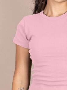 Women's Ribbed Blouse Basic Casual T-Shirt Round Neck Short Sleeve Premium - Baby Pink - View 3