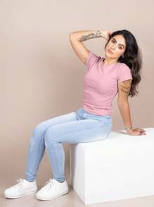 Women's Ribbed Blouse Basic Casual T-Shirt Round Neck Short Sleeve Premium - Baby Pink - View 4