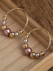 1 Pair Bohemian Style Metallic Color Beaded Hoop Earrings, Suitable For Women's Daily, Party And Travel Jewelry Gifts