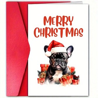 1 st, god julpappershälsning med kuvert, festlig fransk bulldoggdesign, universella semesterönskningar för familj och vänner – perfekt för julfirande, nyårshälsningar och säsongsglädje