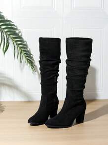 Autumn/Winter High Chunky Heel Square Toe Fashion Spring Outing Wedding Sexy Versatile Suede Over-The-Knee Boots, Black (Wide Calf) (Shoes Run Slightly Large, Those With Narrow Feet Are Advised To Order 0.5 Size Smaller Or Check Foot Length And Width Parameters Before Purchasing)