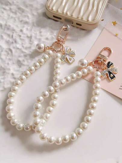 Pearl Decor Phone Lanyard & Wristlet - Elegant Fashion Phone Accessory With Butterfly & Key Charm Pendants - Stylish Beaded Strap For Easy Carrying And Organization Gifts For Mother, Family, Friends, Birthday, Holiday Phone Charm, Phone Chain