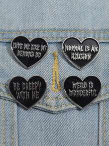 QIHOO 4 件黑色心形珐琅针搭配恐怖字体胸针 BE CREEPY WITH ME 翻领徽章配饰可作为送给朋友的礼物 - 黑色 - 查看 1