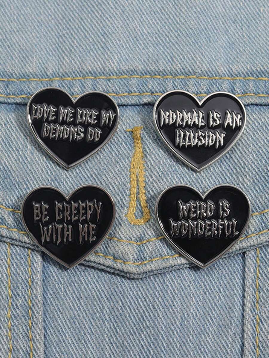 QIHOO 4 件黑色心形珐琅针搭配恐怖字体胸针 BE CREEPY WITH ME 翻领徽章配饰可作为送给朋友的礼物 - 黑色 - 查看 1