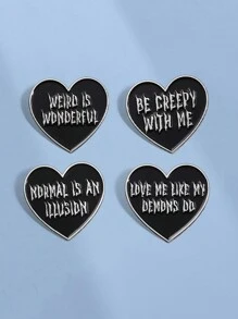 QIHOO 4 件黑色心形珐琅针搭配恐怖字体胸针 BE CREEPY WITH ME 翻领徽章配饰可作为送给朋友的礼物 - 黑色 - 查看 8