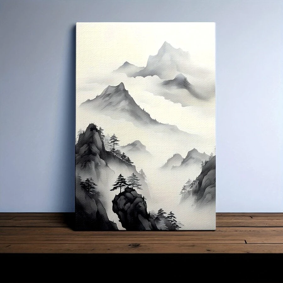 1pcs  Framed Canvas Wall Decoration, Mountains And Clouds Black And White Canvas Wall Decoration, Nature Landscape Painting Canvas Wall Art, Landscape Modern Artwork, Retro Poster Canvas Painting, Suitable For Home Office Living Room Bedroom Bathro - 彩色 - 查看 1