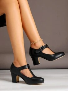 Women's Mary Jane T-Strap High Heel Shoes, Elegant Velvet Thick Heel Pumps Suitable For Wedding, Party, Work, Casual, Plus Size, Recommend Ordering 1/2 Size Smaller