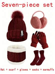 Conjunto de cinco o siete piezas de gorro, bufanda, orejeras, guantes y calcetines para mujer para otoño e invierno. Gorro de punto grueso y aterciopelado, resistente al viento y al frío, bufanda de punto, guantes de punto, orejeras cálidas, calcetines cálidos. Regalos de invierno para mujeres