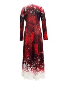 European & American Style Women Christmas V-Neck Dress, Fitted Comfortable With Flared - Burgundy - View 3