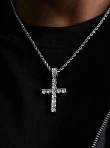 1pc Men Rhinestone Cross Titanium Steel Pendant Necklace, Hipster Street Rapper Hip Hop Style
