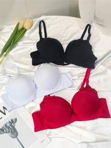 3 Piece Lace Bra Set For Women, Lace Push-Up Bra, Adjustable Straps - Red - View 2