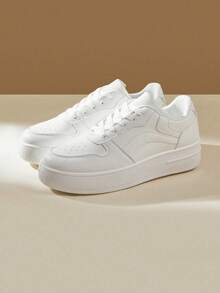 女士厚底系带圆头白色厚底运动鞋，时尚休闲日常穿着，简约新款，适合春秋季 - 白色 - 查看 9