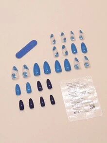 24 件套长款杏仁形蓝色花朵蓝色风铃假指甲贴片套装，适合女孩日常佩戴，提升您的外观 - 彩色 - 查看 2