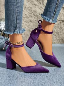 2025秋冬新款女士尖头绒面革镂空蝴蝶结高跟鞋，粗跟百搭日常通勤办公鞋，时尚优雅镂空鞋，大码，优雅，女士高跟鞋，优雅