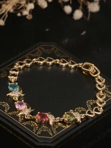 1 件开口锆石水晶紫蓝红绿空心心形串珠手链，连接海洋和海豚装饰设计，适合女性日常佩戴 - 金色 - 查看 4