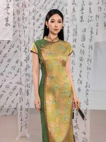 Short Sleeve Knot Button Contrast Color Split Thigh Floral Designs New Chinese Style Cheongsam Qipao Dress - Yellow - View 8