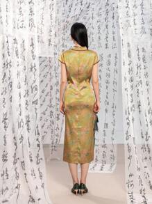 Short Sleeve Knot Button Contrast Color Split Thigh Floral Designs New Chinese Style Cheongsam Qipao Dress - Yellow - View 3