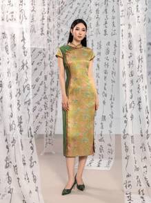 Short Sleeve Knot Button Contrast Color Split Thigh Floral Designs New Chinese Style Cheongsam Qipao Dress - Yellow - View 4