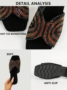 Women's Colorful Rhinestone Flat Sandals, Summer Casual Black Suede Slippers Valentines