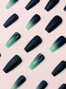 24Pcs Mid-Length Gradient White To Blue Toenail/Fingernail Artificial Nails, Elegant Ombre Design With Rhinestones Press On Nails Nail Supplies Nails